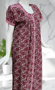 Maroon Floral Full Open Pure Cotton Nighty. Pure Cotton | Laces and Frills