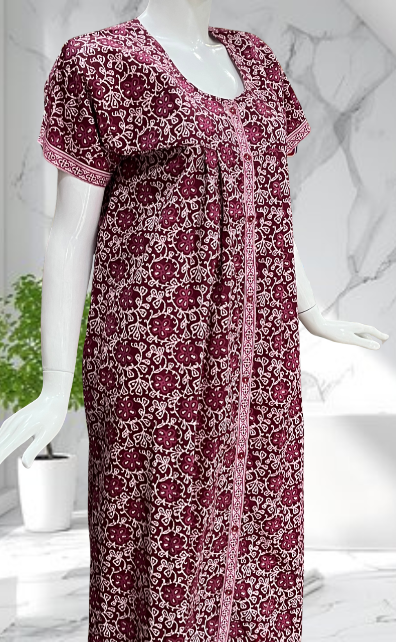 Maroon Floral Full Open Pure Cotton Nighty. Pure Cotton | Laces and Frills