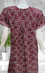 Maroon Floral Full Open Pure Cotton Nighty. Pure Cotton | Laces and Frills