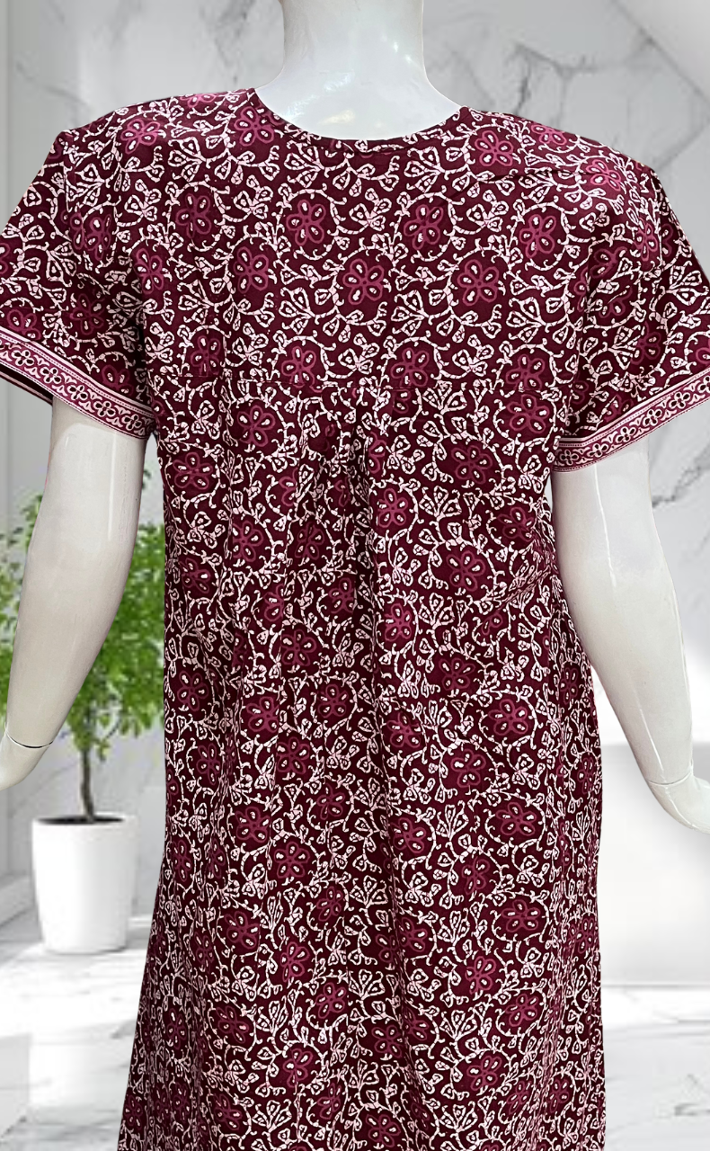 Maroon Floral Full Open Pure Cotton Nighty. Pure Cotton | Laces and Frills