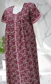 Maroon Floral Full Open Pure Cotton Nighty. Pure Cotton | Laces and Frills