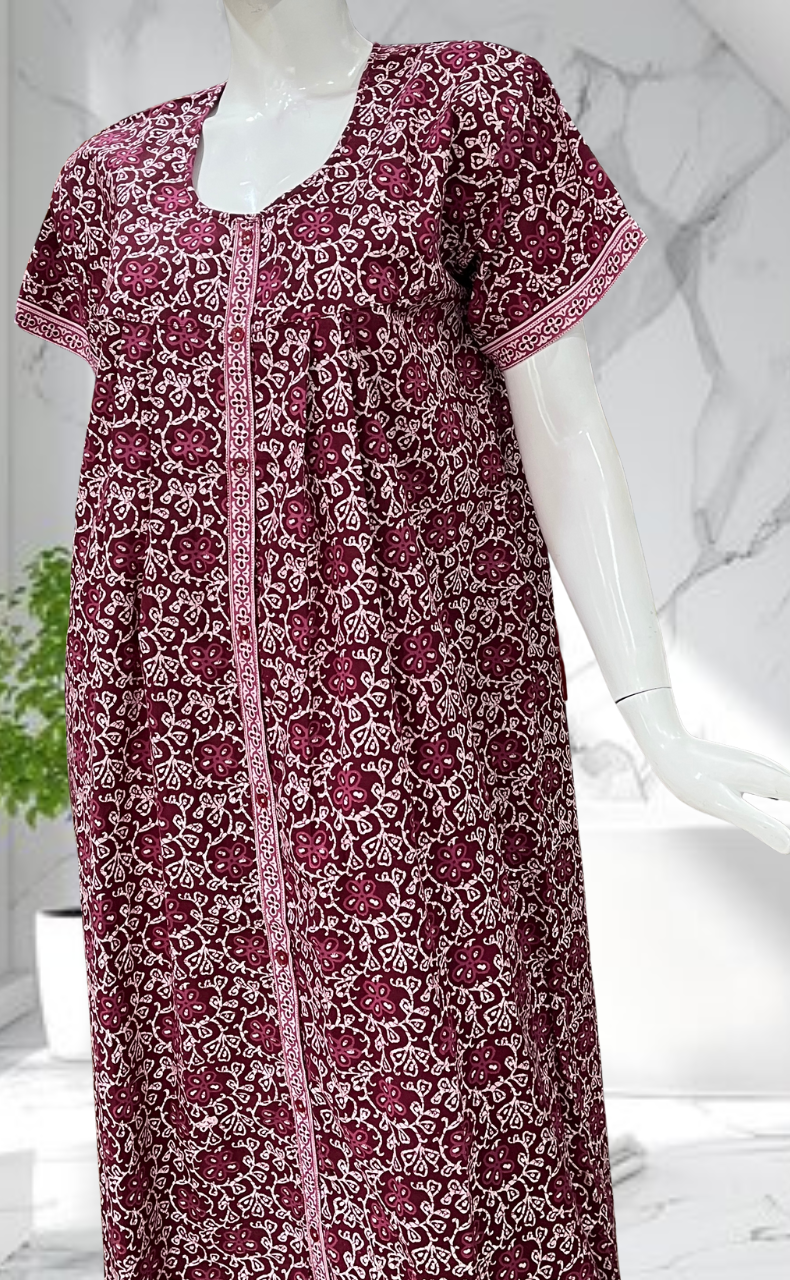 Maroon Floral Full Open Pure Cotton Nighty. Pure Cotton | Laces and Frills