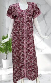 Maroon Floral Full Open Pure Cotton Nighty. Pure Cotton | Laces and Frills