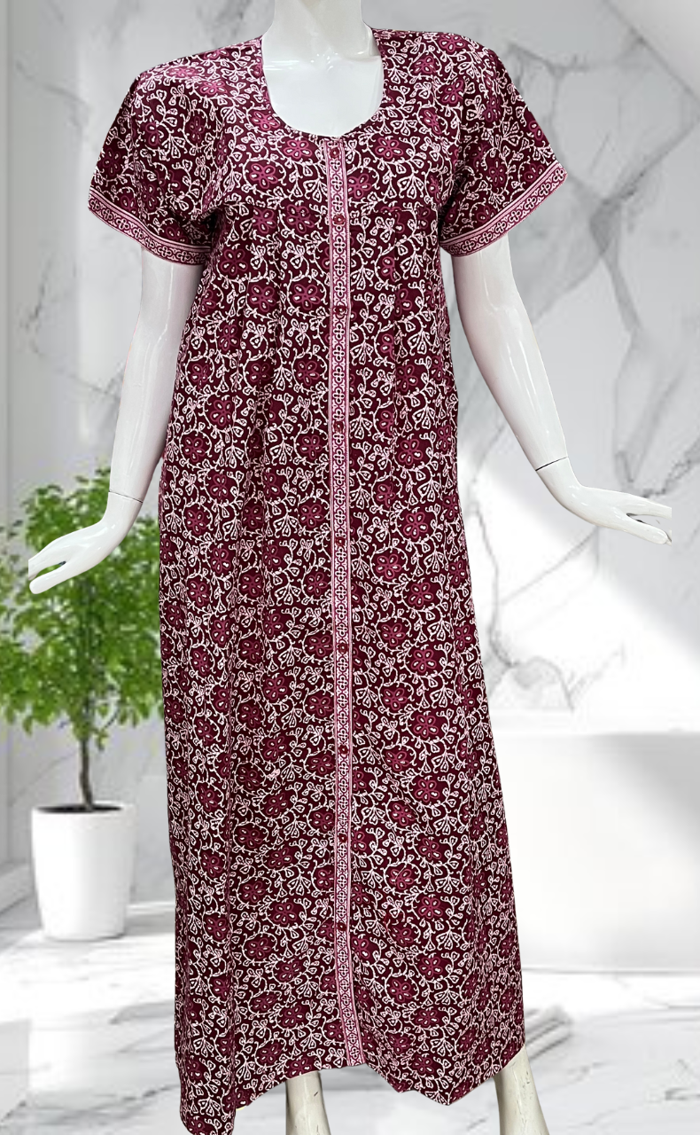 Maroon Floral Full Open Pure Cotton Nighty. Pure Cotton | Laces and Frills
