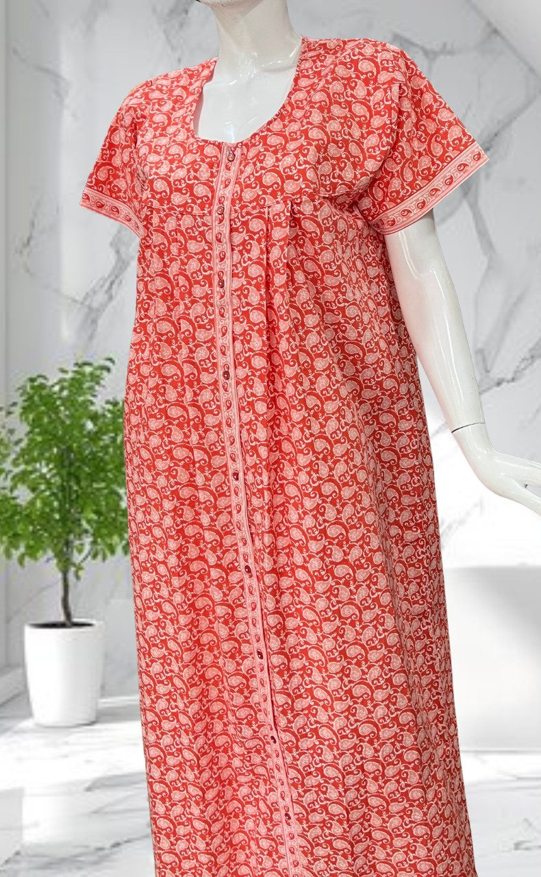 Peach Paisley Print Full Open Pure Cotton Nighty. Pure Cotton | Laces and Frills