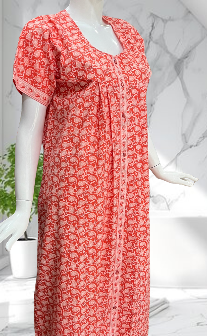 Peach Paisley Print Full Open Pure Cotton Nighty. Pure Cotton | Laces and Frills