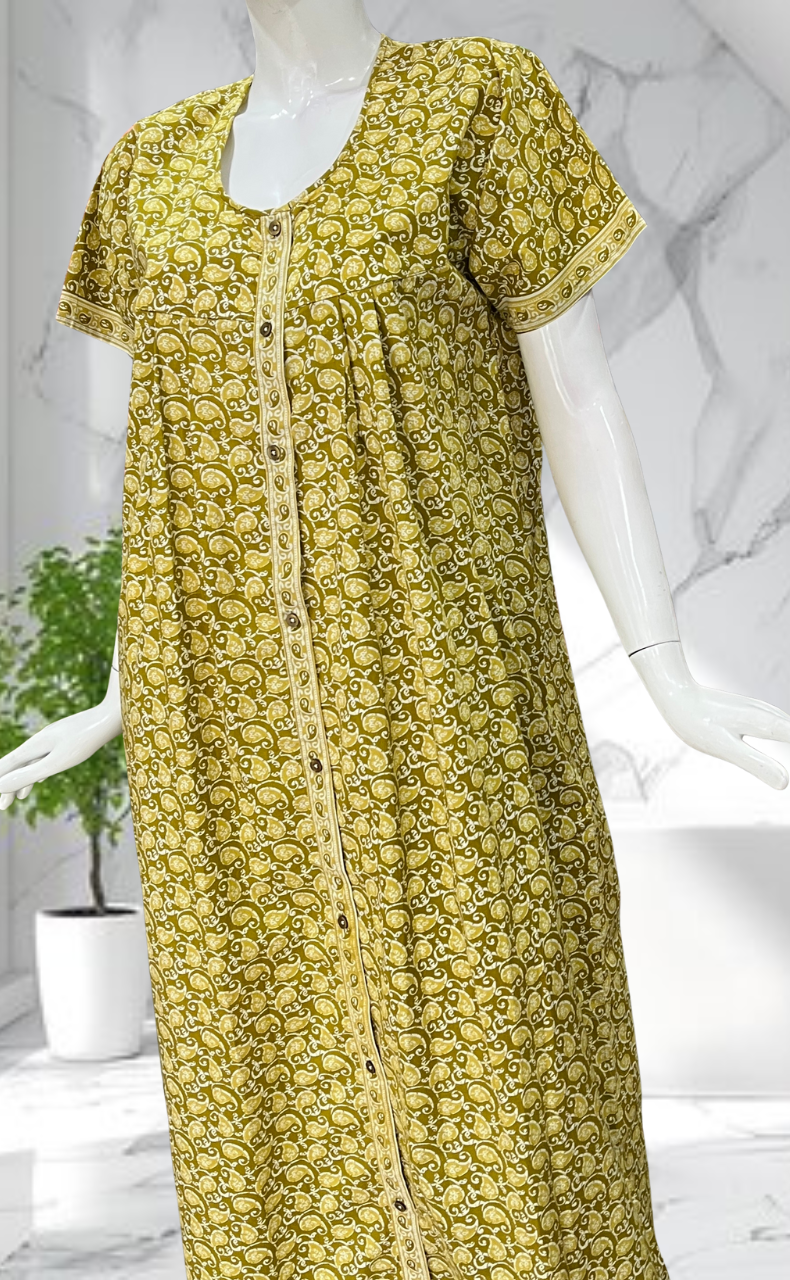 Lime Green Paisley Print Full Open Pure Cotton Nighty. Pure Cotton | Laces and Frills