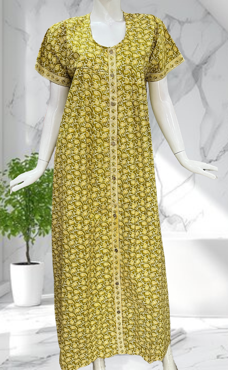 Lime Green Paisley Print Full Open Pure Cotton Nighty. Pure Cotton | Laces and Frills