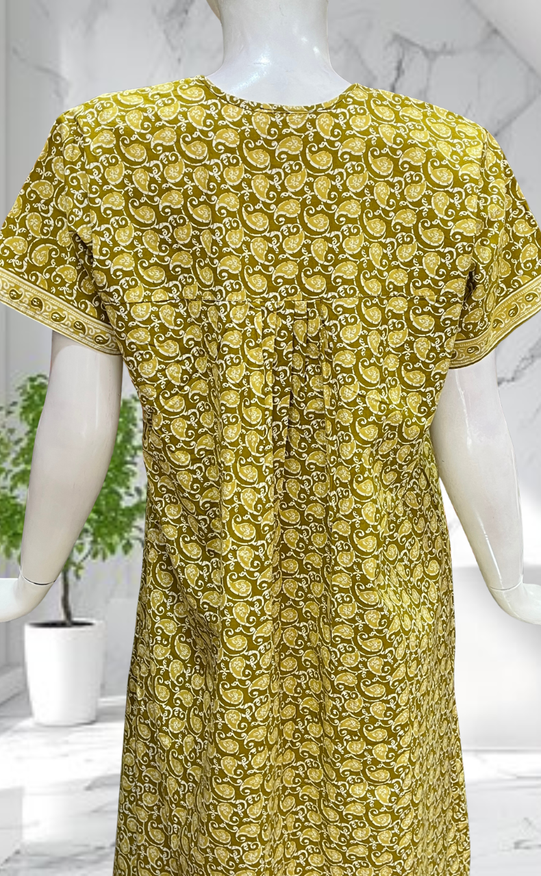 Lime Green Paisley Print Full Open Pure Cotton Nighty. Pure Cotton | Laces and Frills