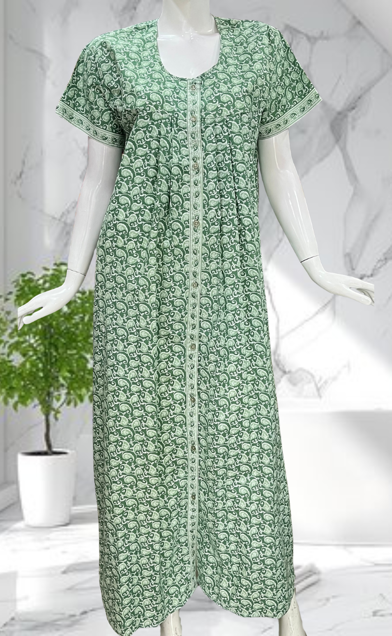 Pista Green Paisley Print Full Open Pure Cotton Nighty. Pure Cotton | Laces and Frills
