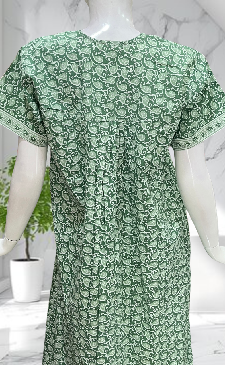 Pista Green Paisley Print Full Open Pure Cotton Nighty. Pure Cotton | Laces and Frills