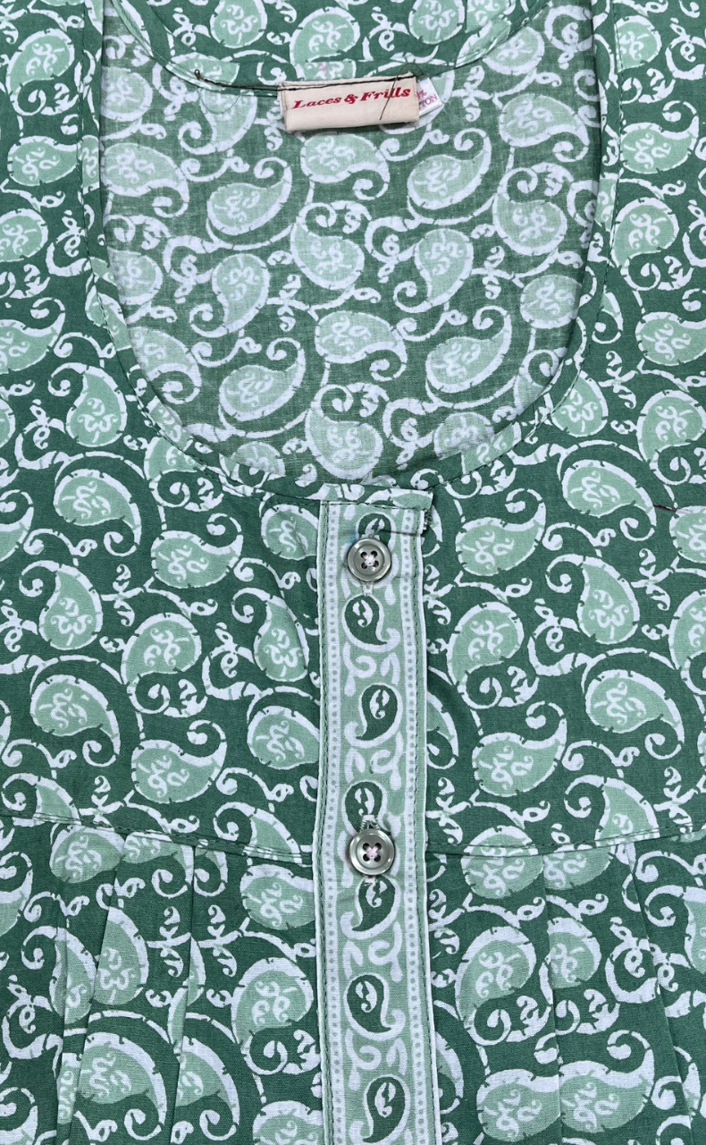 Pista Green Paisley Print Full Open Pure Cotton Nighty. Pure Cotton | Laces and Frills
