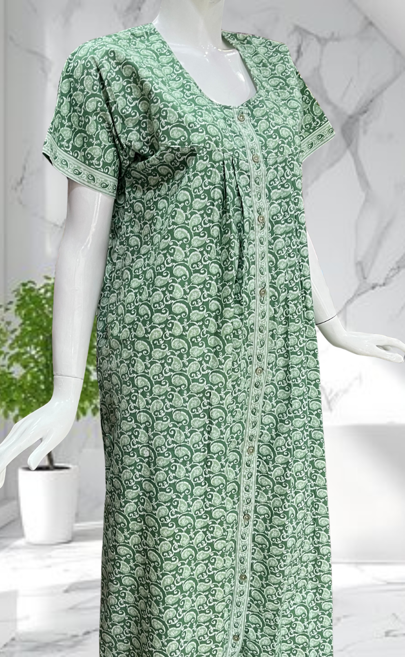 Pista Green Paisley Print Full Open Pure Cotton Nighty. Pure Cotton | Laces and Frills