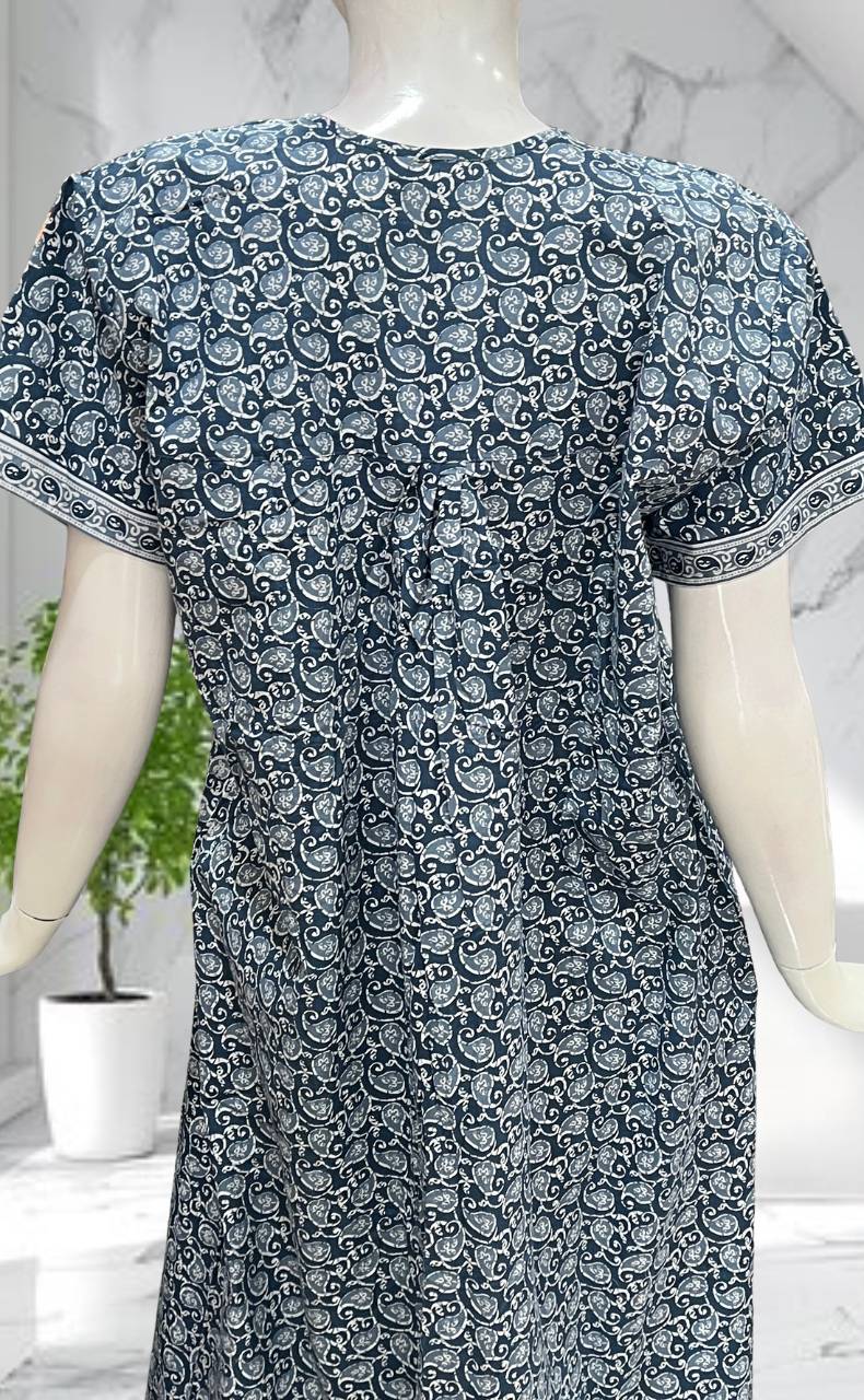 Grey Paisley Print Full Open Pure Cotton Nighty. Pure Cotton | Laces and Frills