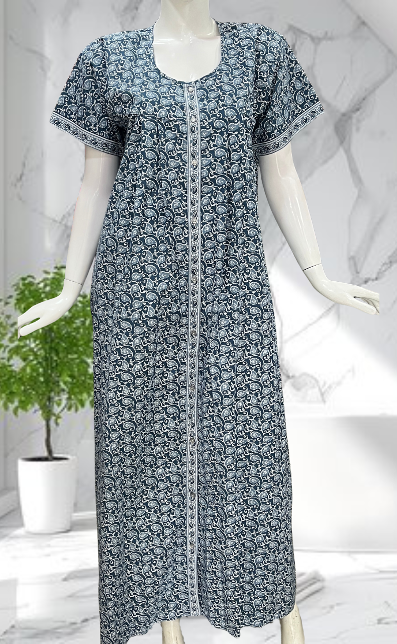 Grey Paisley Print Full Open Pure Cotton Nighty. Pure Cotton | Laces and Frills