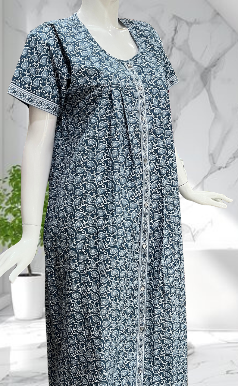 Grey Paisley Print Full Open Pure Cotton Nighty. Pure Cotton | Laces and Frills