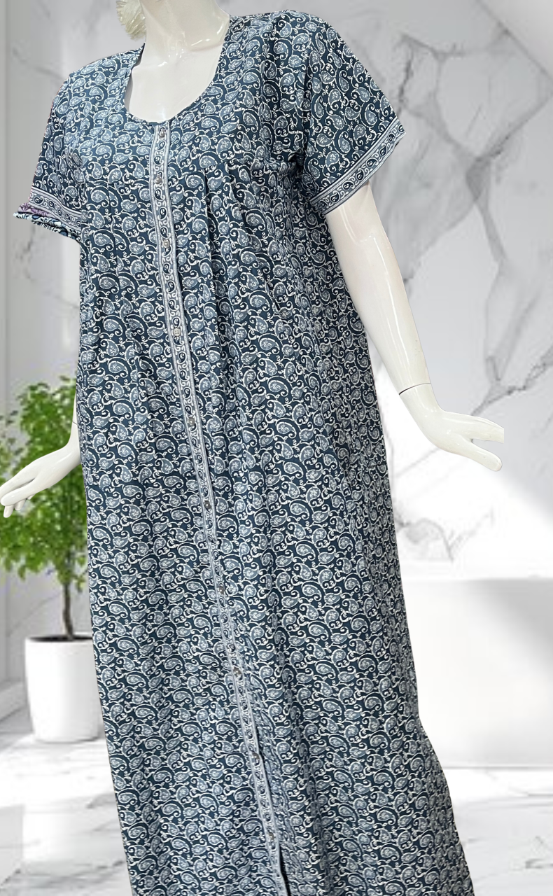 Grey Paisley Print Full Open Pure Cotton Nighty. Pure Cotton | Laces and Frills