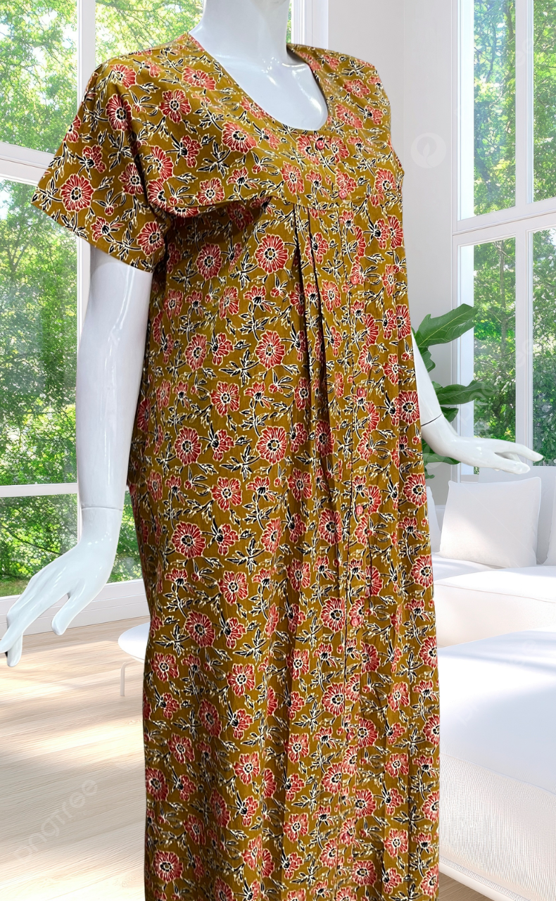 Mustard Garden Full Open Pure Cotton Nighty. Pure Cotton | Laces and Frills