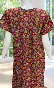 Maroon Garden Full Open Pure Cotton Nighty. Pure Cotton | Laces and Frills