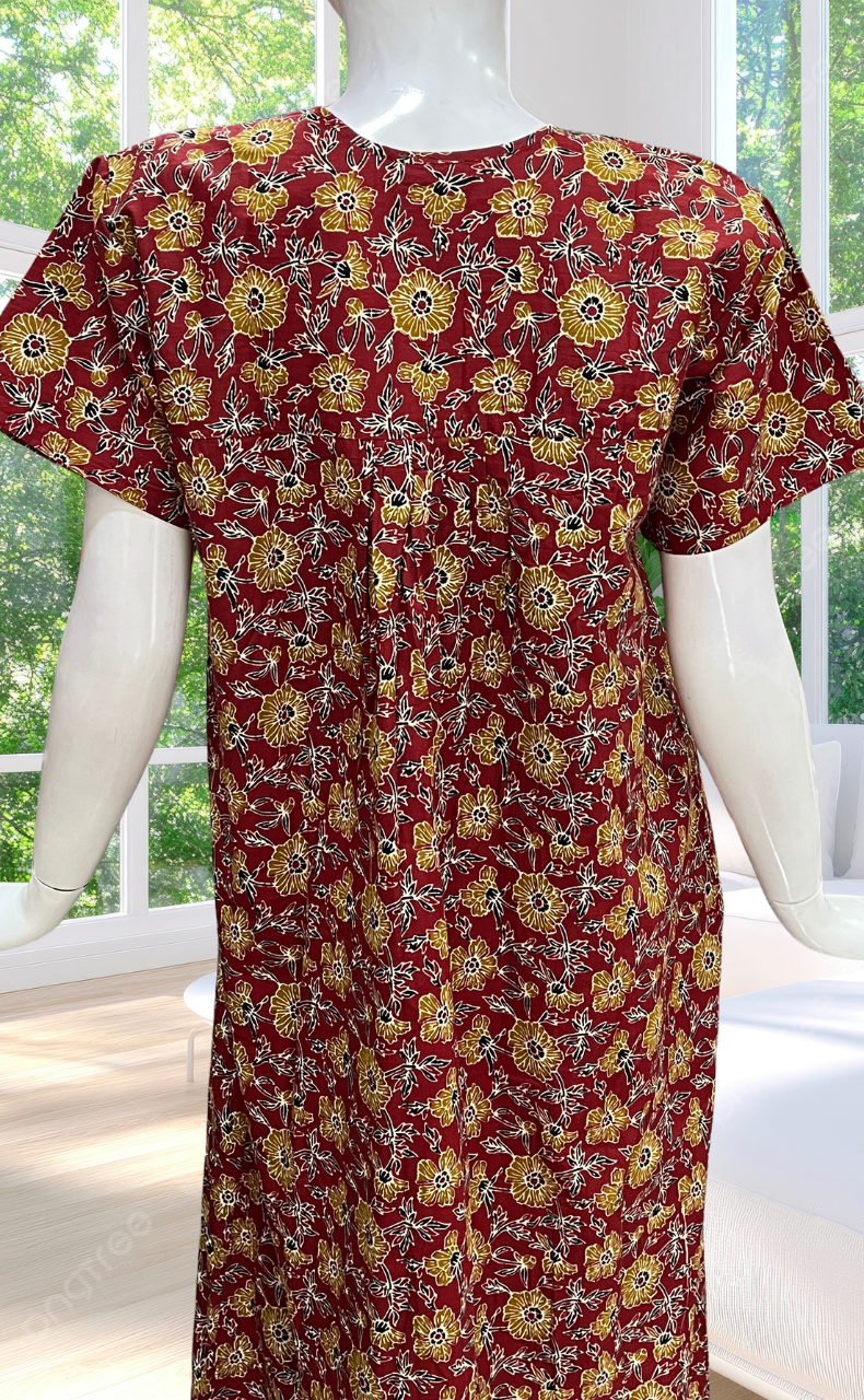 Maroon Garden Full Open Pure Cotton Nighty. Pure Cotton | Laces and Frills