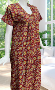 Maroon Garden Full Open Pure Cotton Nighty. Pure Cotton | Laces and Frills