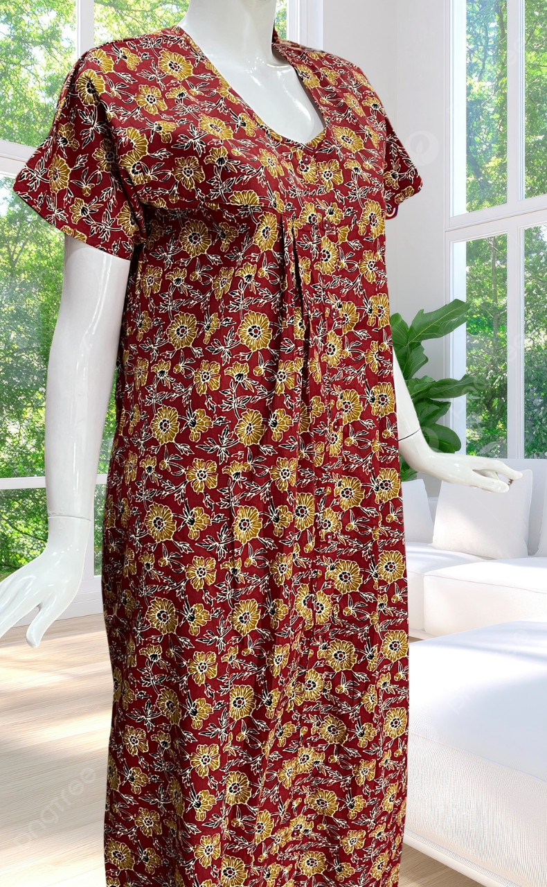 Maroon Garden Full Open Pure Cotton Nighty. Pure Cotton | Laces and Frills
