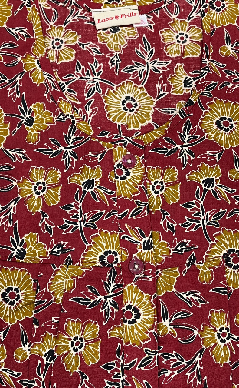 Maroon Garden Full Open Pure Cotton Nighty. Pure Cotton | Laces and Frills