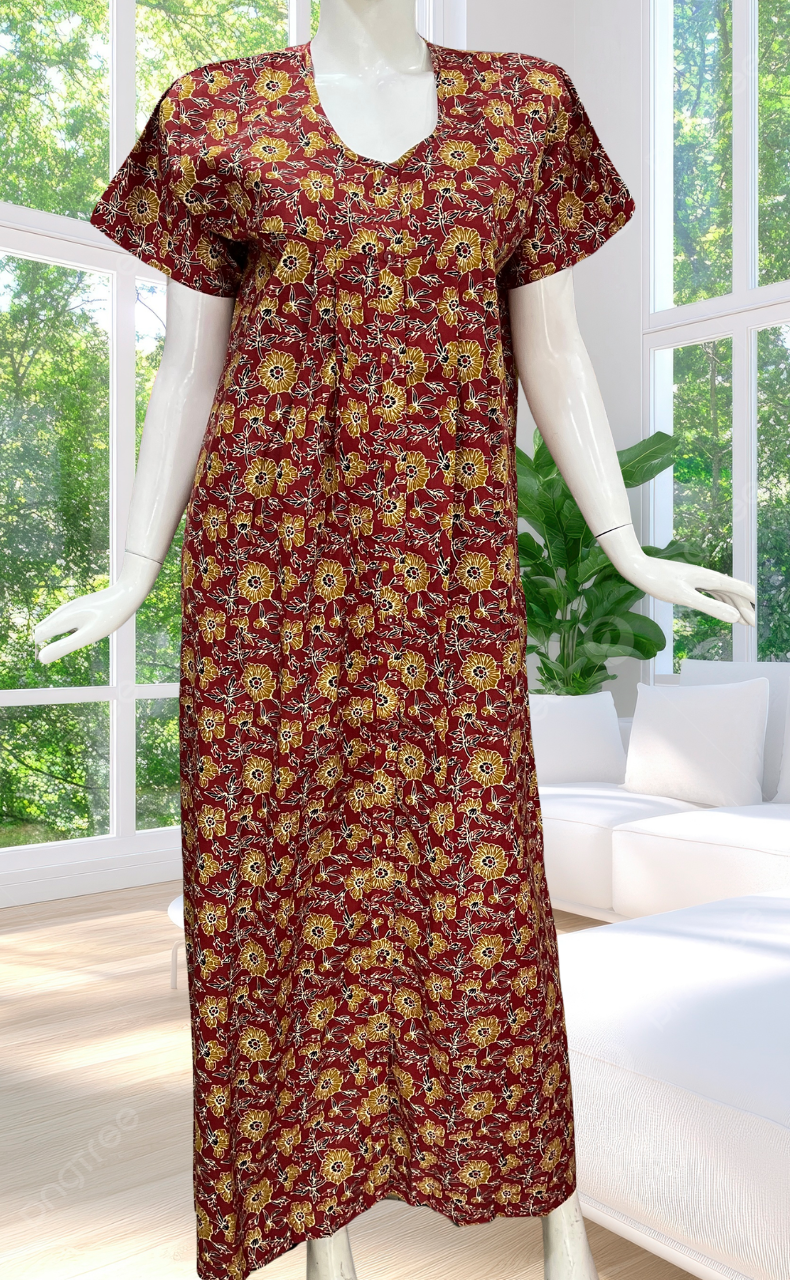 Maroon Garden Full Open Pure Cotton Nighty. Pure Cotton | Laces and Frills