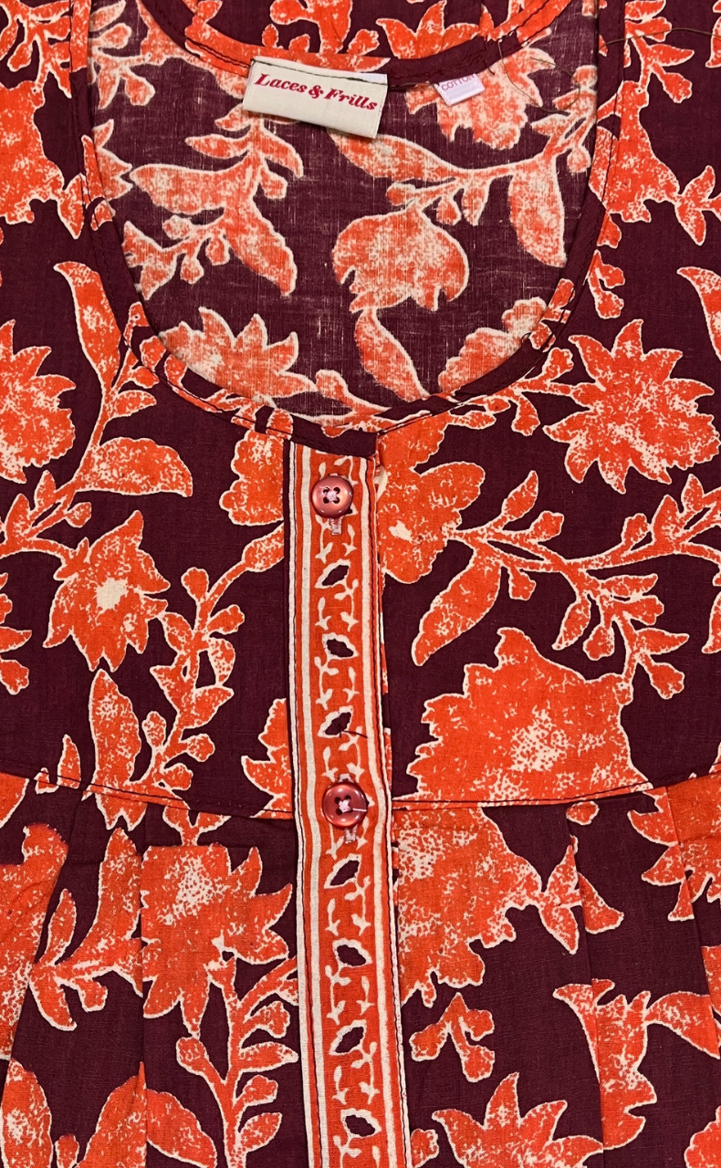 Maroon/Orange Garden Full Open Pure Cotton Nighty. Pure Cotton | Laces and Frills