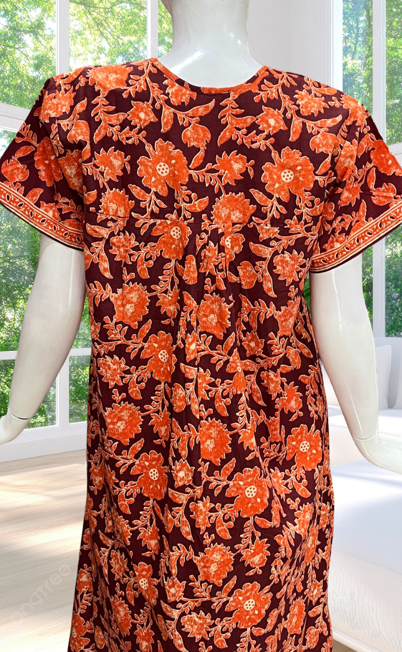 Maroon/Orange Garden Full Open Pure Cotton Nighty. Pure Cotton | Laces and Frills