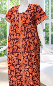 Maroon/Orange Garden Full Open Pure Cotton Nighty. Pure Cotton | Laces and Frills