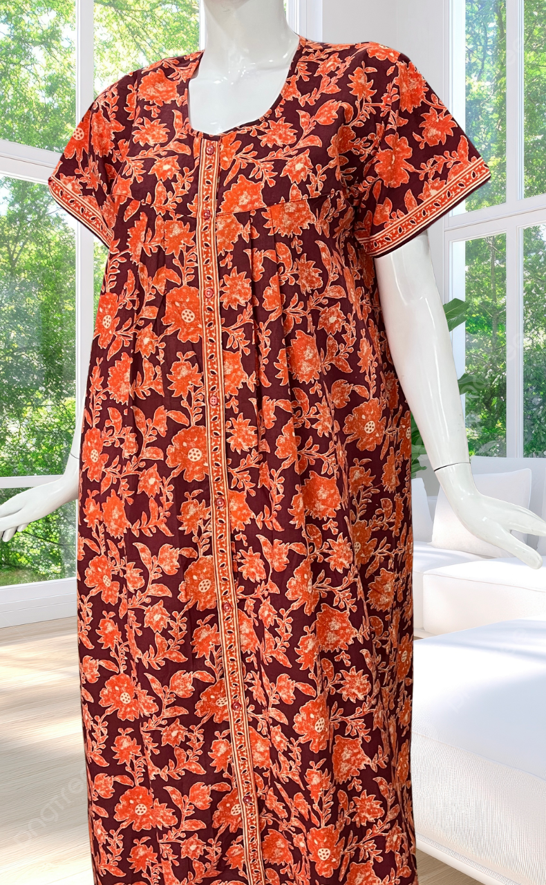 Maroon/Orange Garden Full Open Pure Cotton Nighty. Pure Cotton | Laces and Frills
