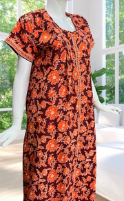 Maroon/Orange Garden Full Open Pure Cotton Nighty. Pure Cotton | Laces and Frills