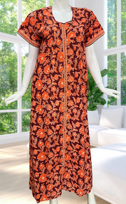 Maroon/Orange Garden Full Open Pure Cotton Nighty. Pure Cotton | Laces and Frills