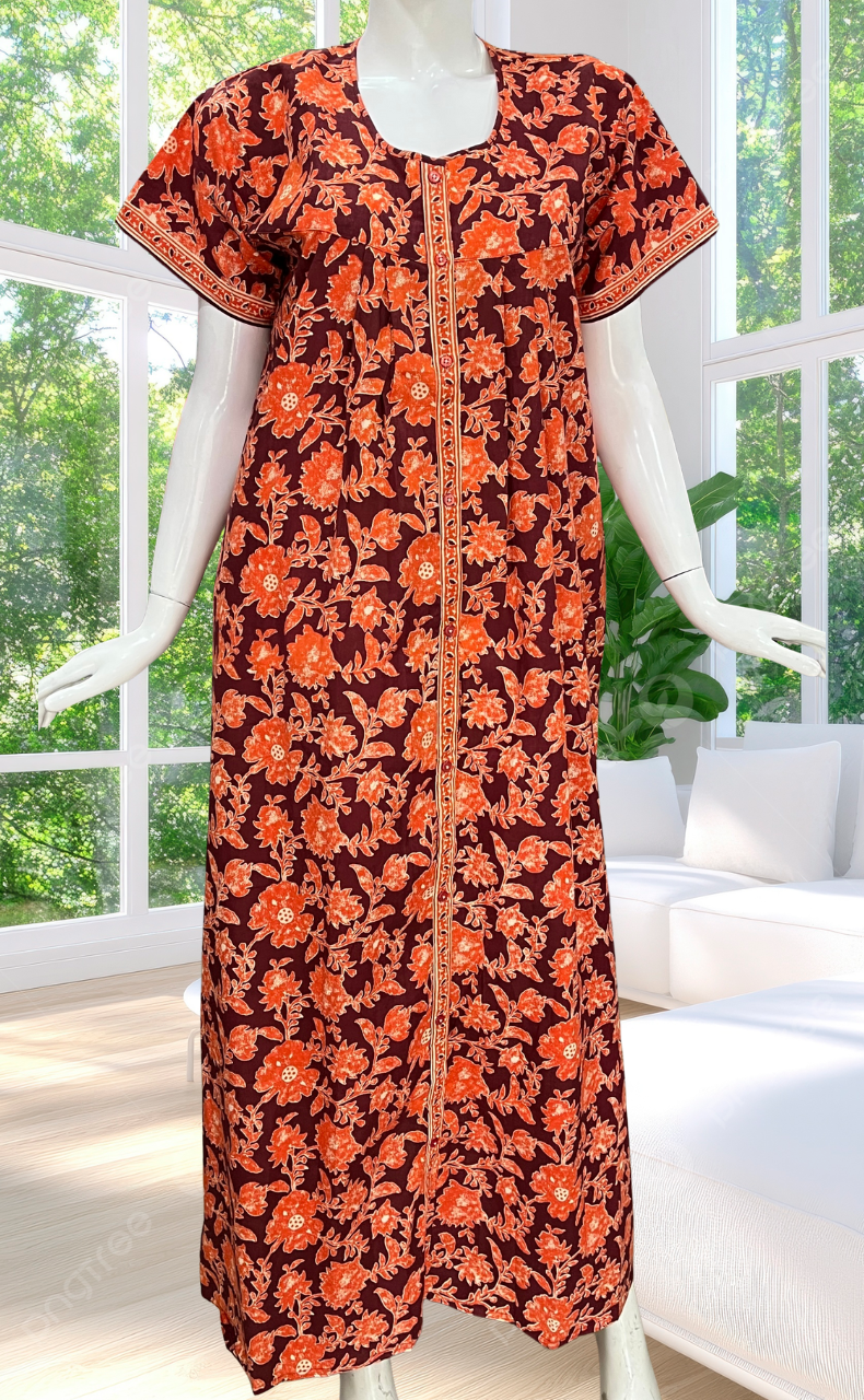Maroon/Orange Garden Full Open Pure Cotton Nighty. Pure Cotton | Laces and Frills