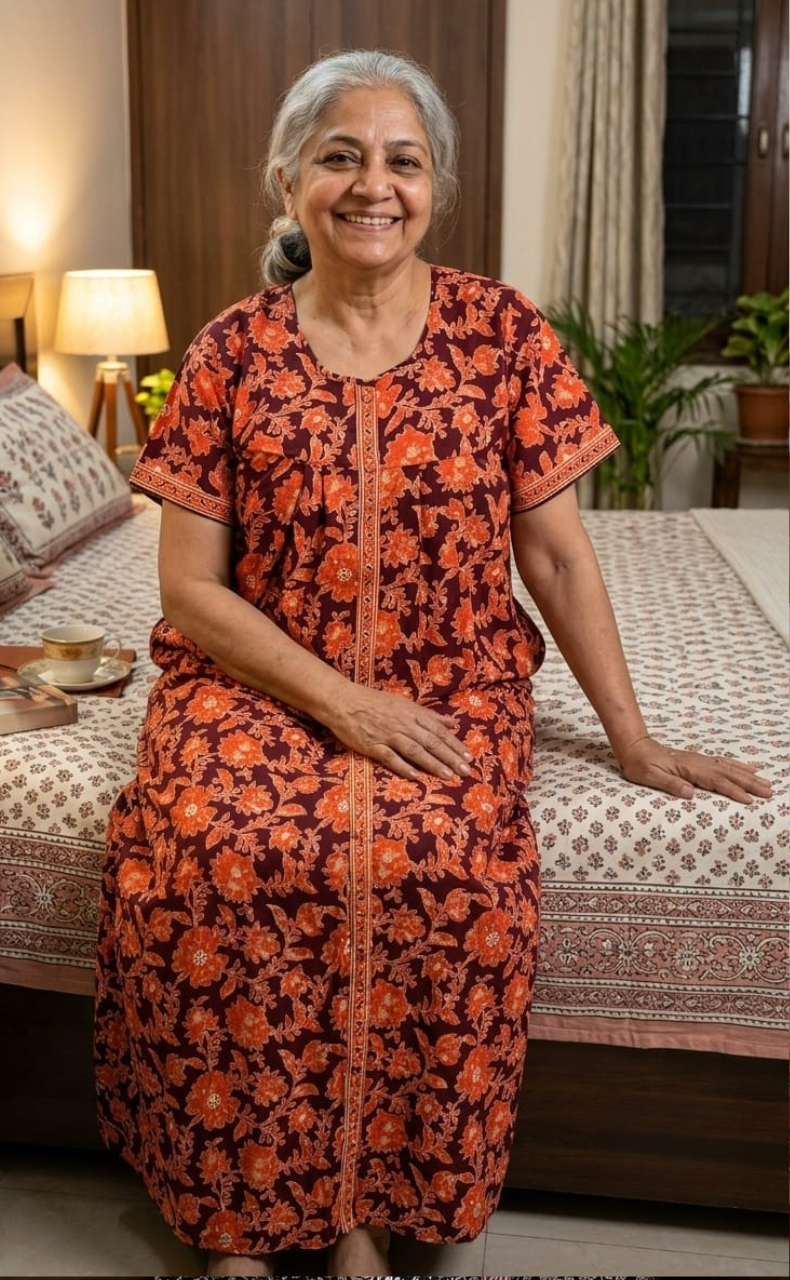 Maroon/Orange Garden Full Open Pure Cotton Nighty. Pure Cotton | Laces and Frills