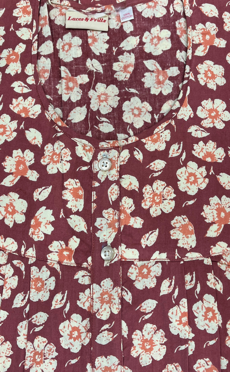 Onion Pink Flora Full Open Pure Cotton Nighty. Pure Cotton | Laces and Frills