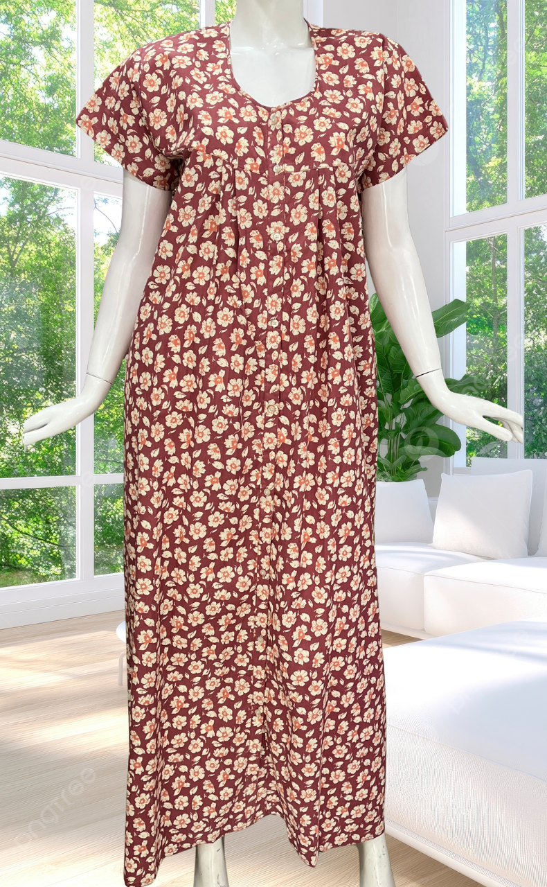 Onion Pink Flora Full Open Pure Cotton Nighty. Pure Cotton | Laces and Frills
