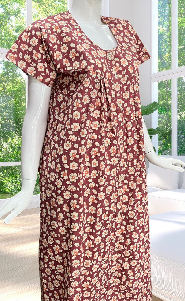 Onion Pink Flora Full Open Pure Cotton Nighty. Pure Cotton | Laces and Frills