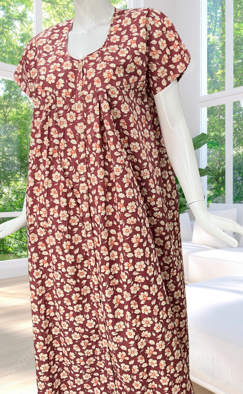 Onion Pink Flora Full Open Pure Cotton Nighty. Pure Cotton | Laces and Frills