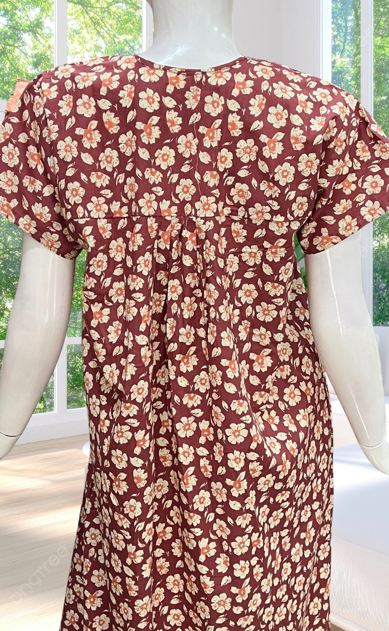 Onion Pink Flora Full Open Pure Cotton Nighty. Pure Cotton | Laces and Frills