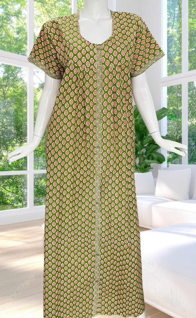 Green Leafy Full Open Pure Cotton Nighty. Pure Cotton | Laces and Frills
