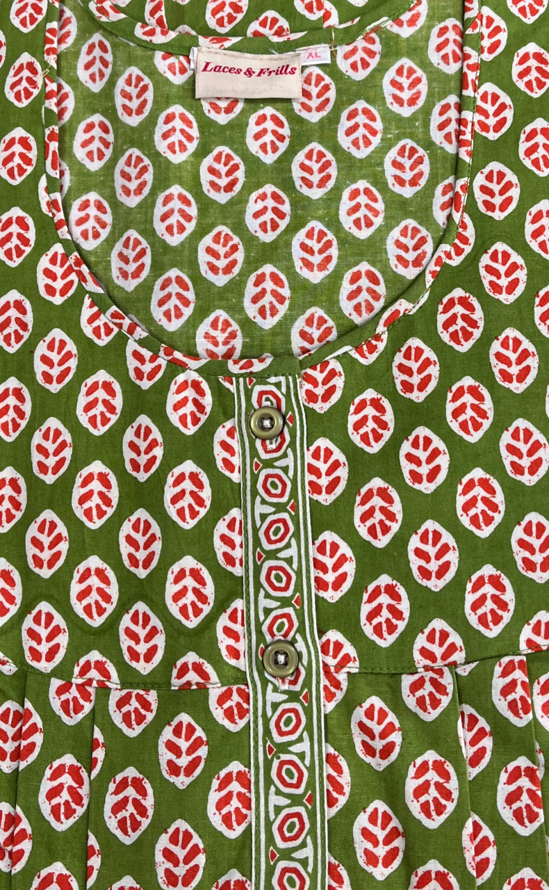 Green Leafy Full Open Pure Cotton Nighty. Pure Cotton | Laces and Frills