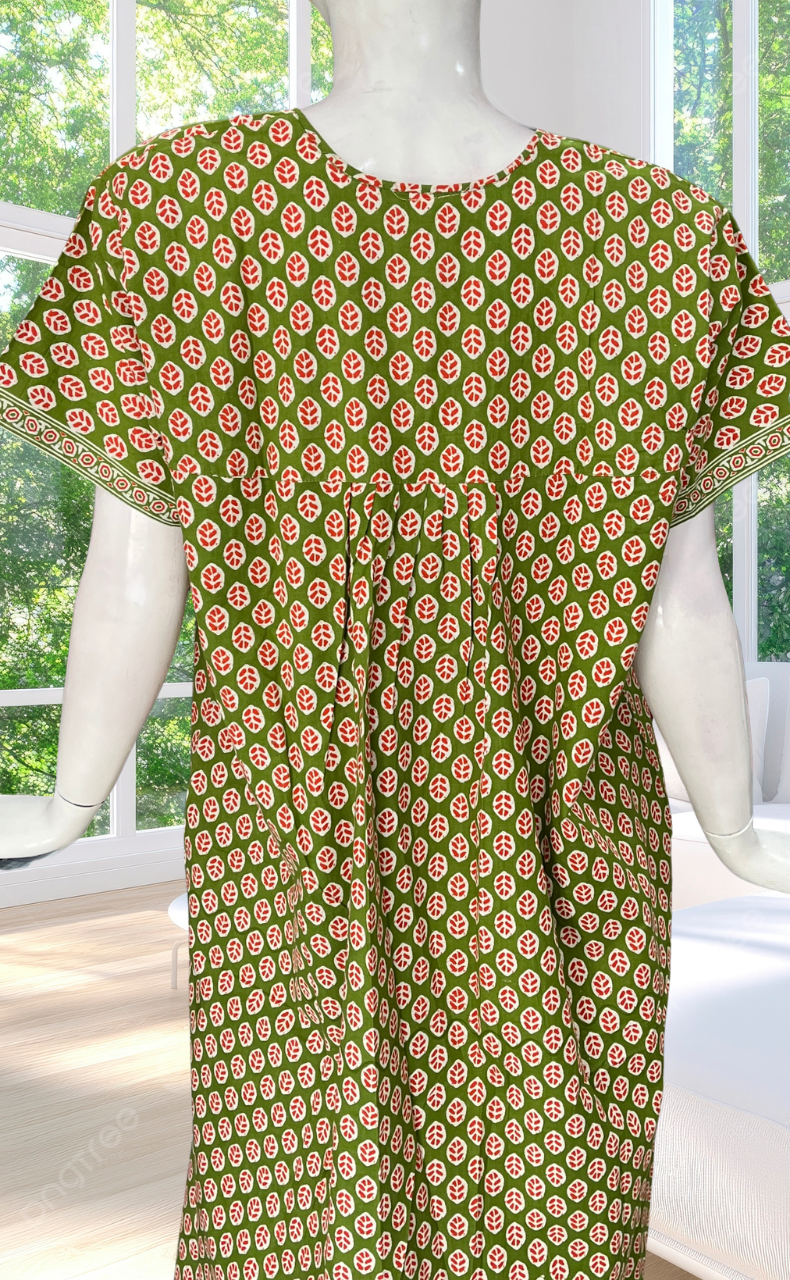 Green Leafy Full Open Pure Cotton Nighty. Pure Cotton | Laces and Frills