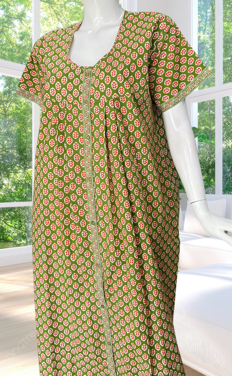 Green Leafy Full Open Pure Cotton Nighty. Pure Cotton | Laces and Frills