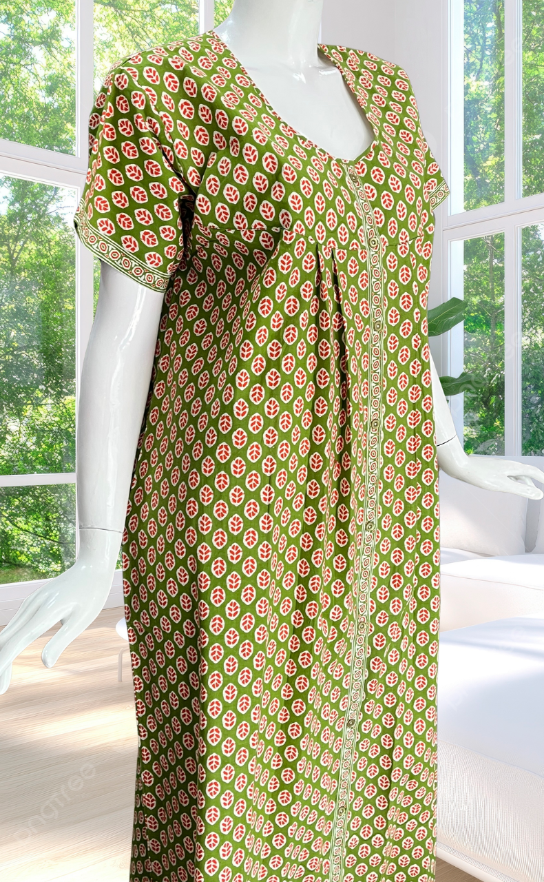 Green Leafy Full Open Pure Cotton Nighty. Pure Cotton | Laces and Frills