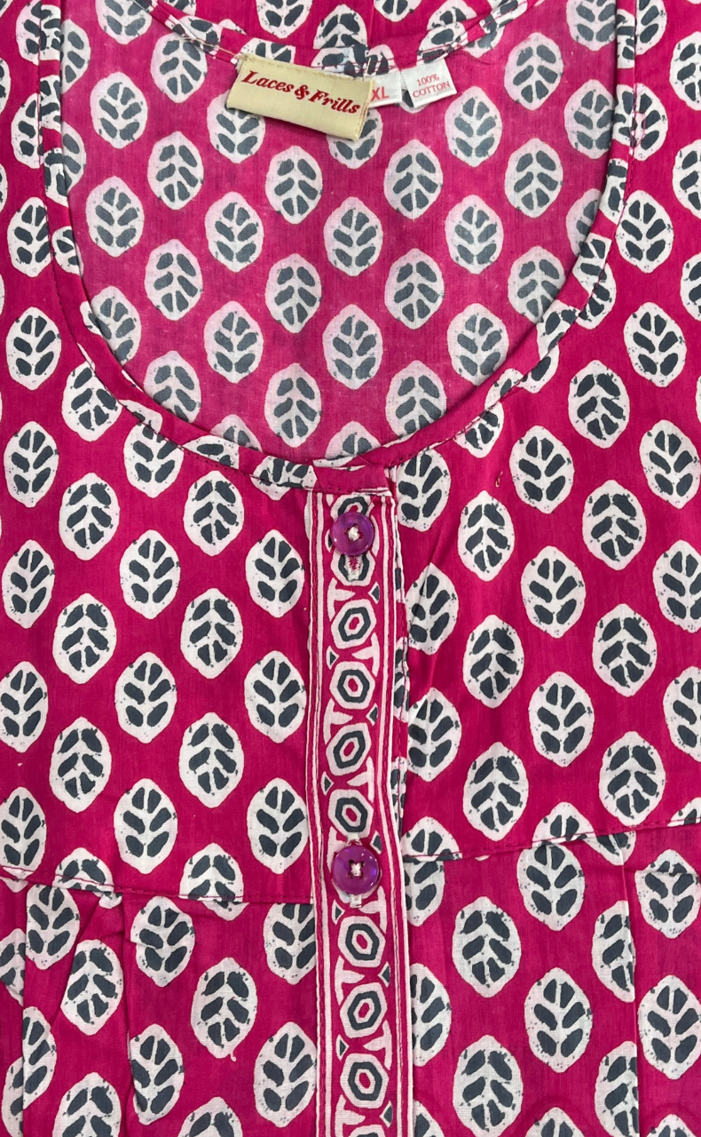 Pink Leafy Full Open Pure Cotton Nighty. Pure Cotton | Laces and Frills