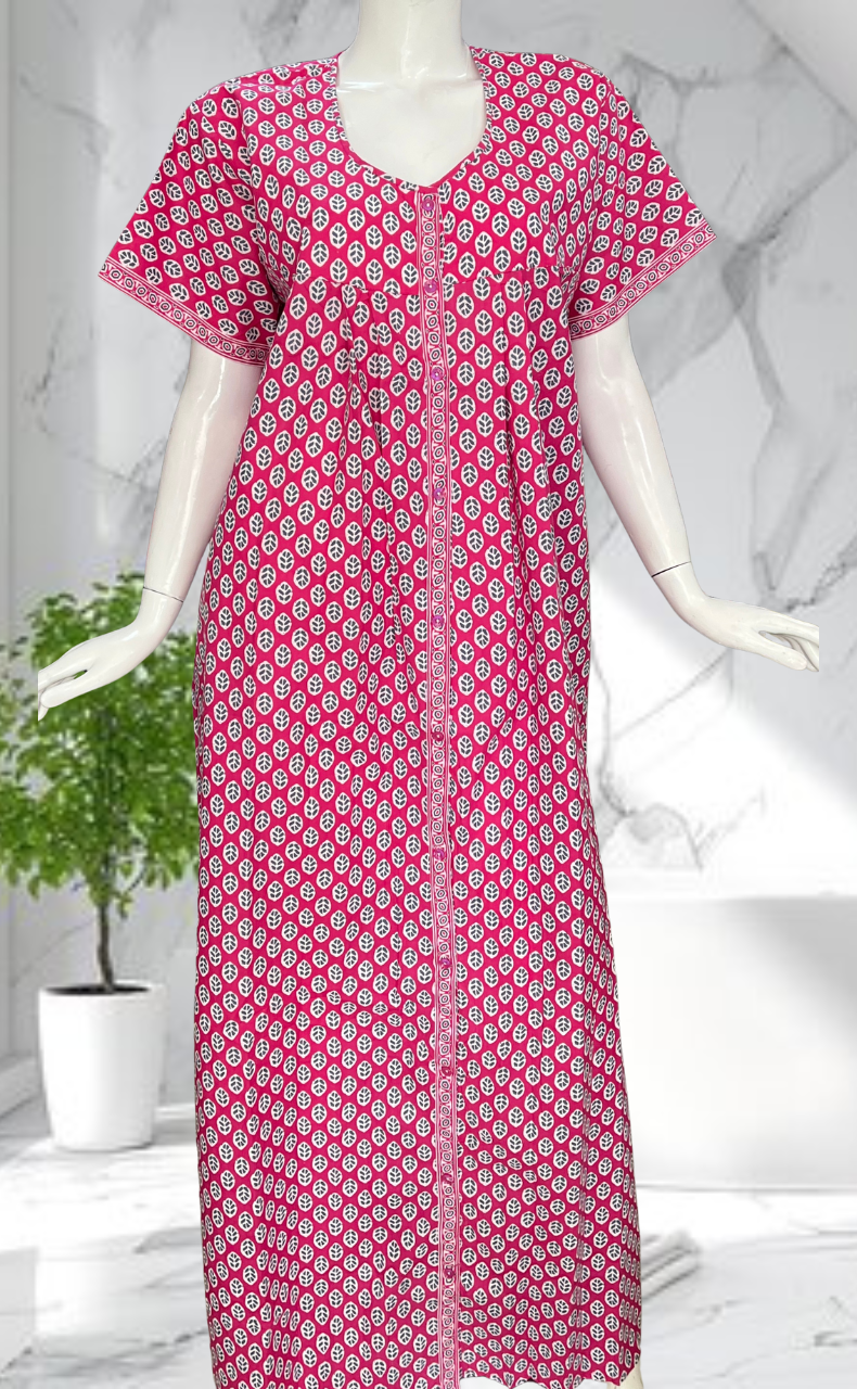 Pink Leafy Full Open Pure Cotton Nighty. Pure Cotton | Laces and Frills