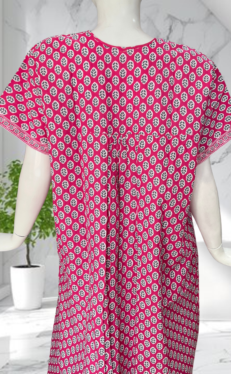 Pink Leafy Full Open Pure Cotton Nighty. Pure Cotton | Laces and Frills