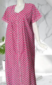 Pink Leafy Full Open Pure Cotton Nighty. Pure Cotton | Laces and Frills